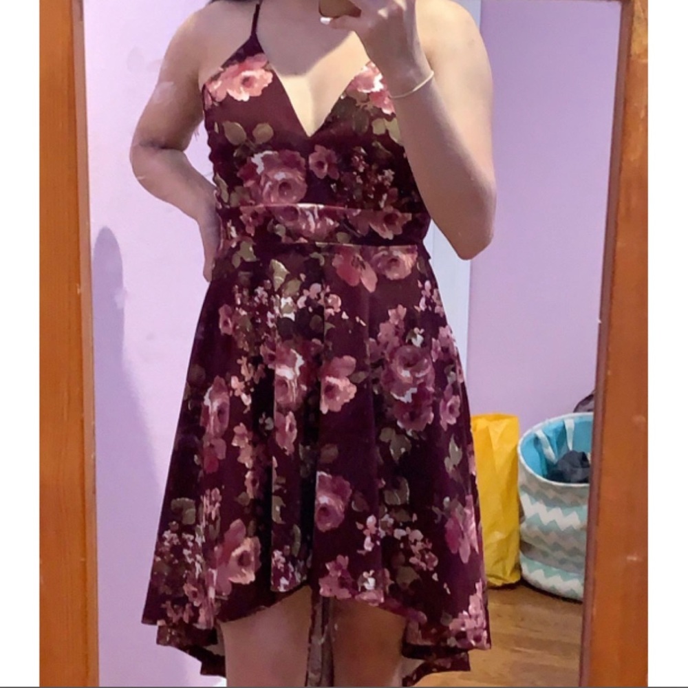 Windsor burgundy floral high low dress